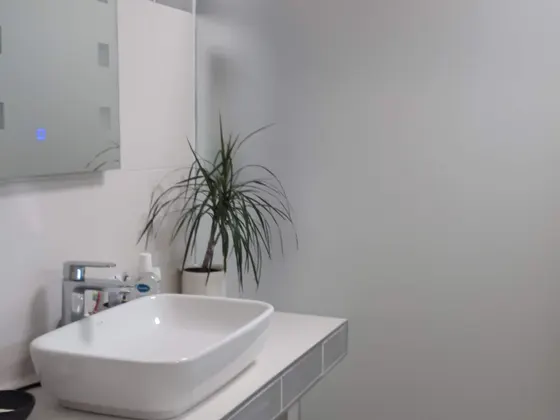 Umyvadlo a skleněná zástěna oddělující velký sprchový kout.