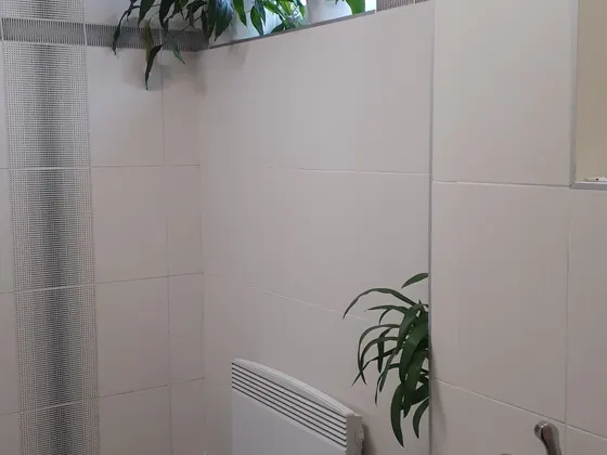 Pohled do hotové koupelny směrem ke sprchovému prostoru a dělící stěně.