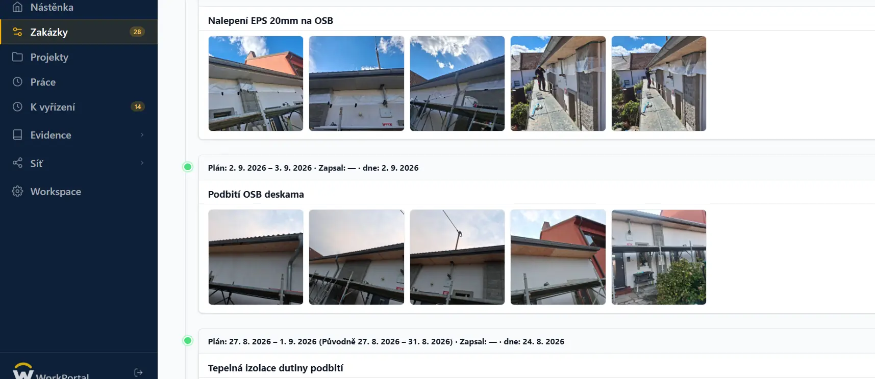 Zápisy o provedených pracích a fotodokumentace v prostředí WorkPortalu